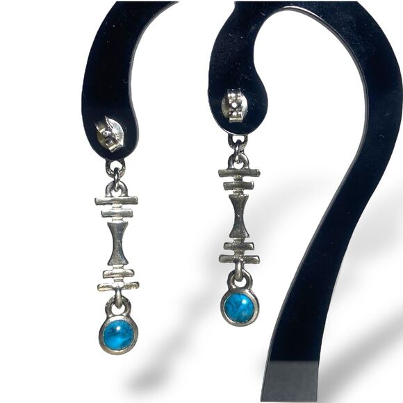 Vintage Silver Tone Turquoise Dangle Earrings Boho Tribal Statement Jewelry - Picture 4 of 7